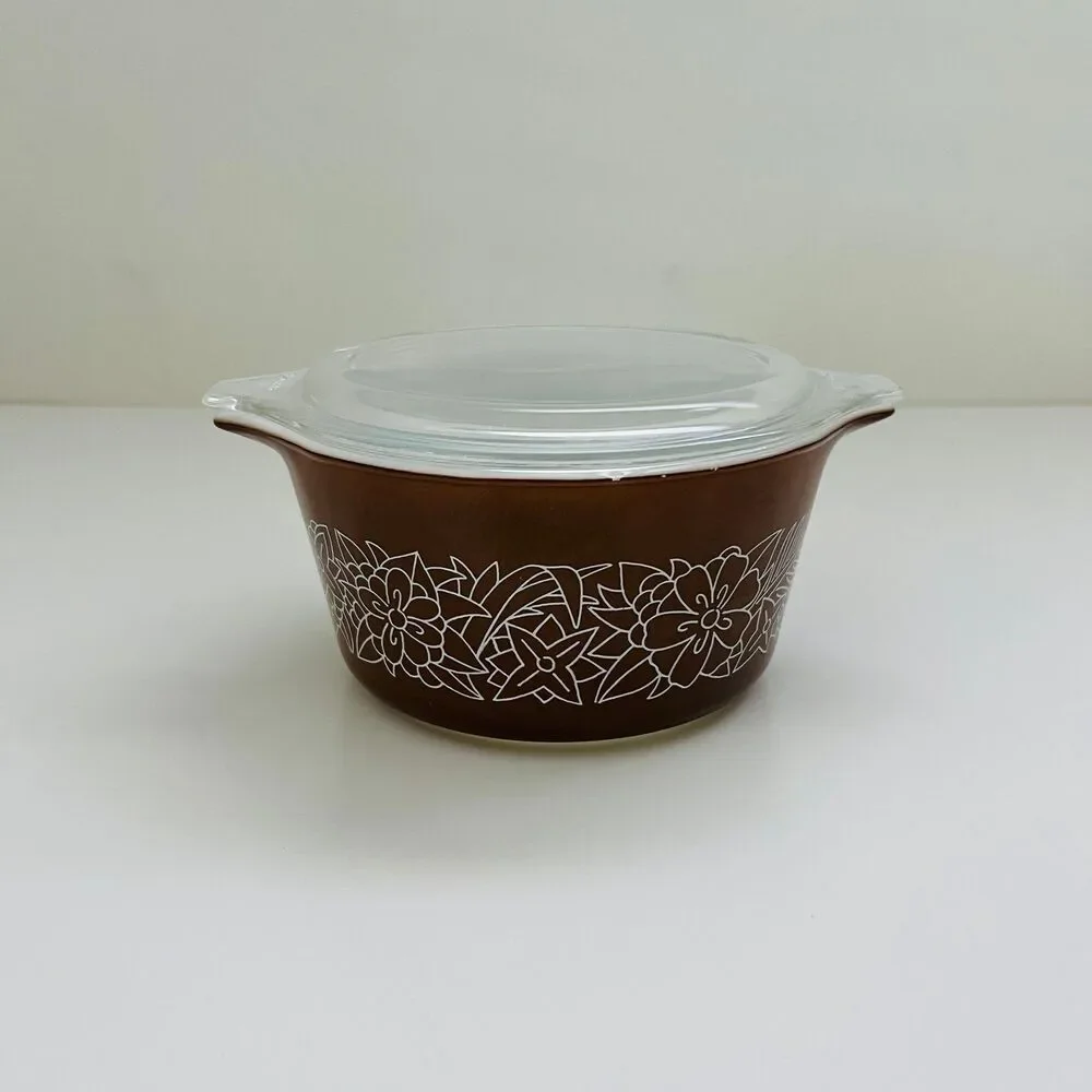 PYREX Brown White Woodland 473-B Casserole Dish 1 Qt With Lid